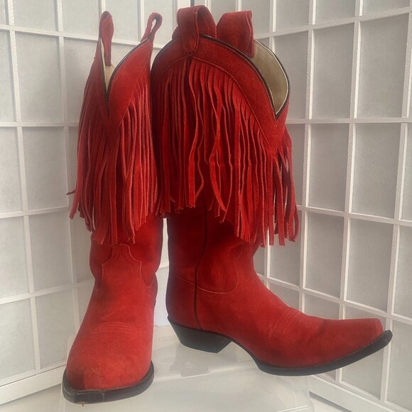 Lane Red Cowboy Suede Fringe Boots Sz. 9 1/2 Leather Exterior and Interior. - Picture 1 of 6